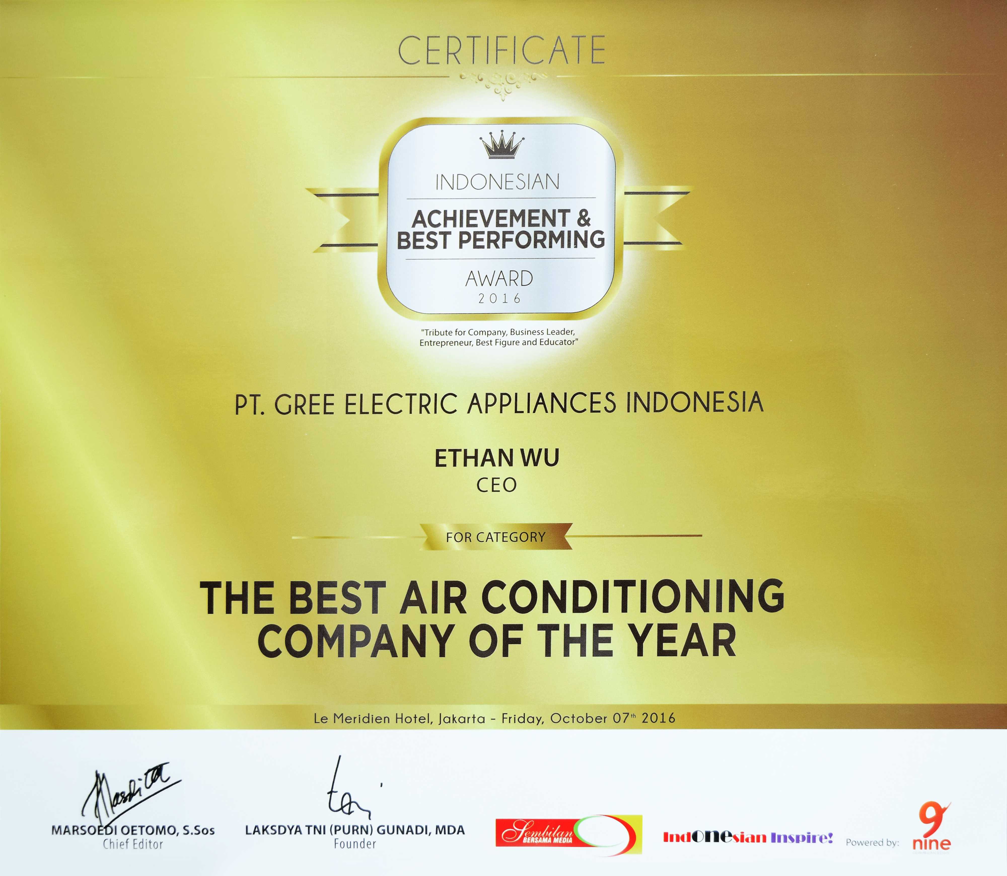 Sertifikat Penghargaan Gree Indonesia ke-3