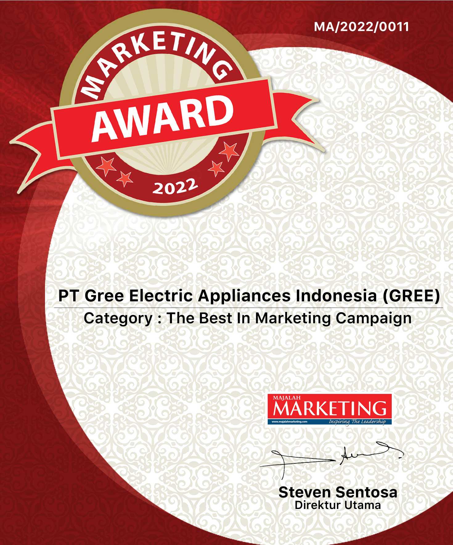 Sertifikat Penghargaan Gree Indonesia ke-14